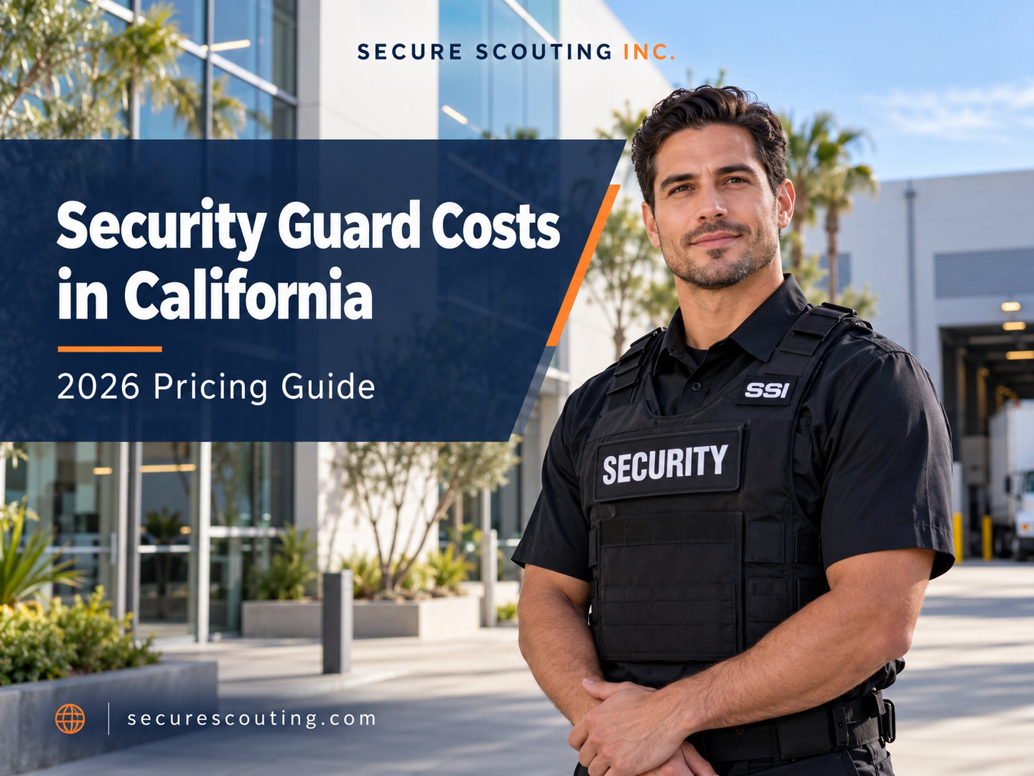 SSI security officer outside a commercial building beside text about security guard services cost in California.