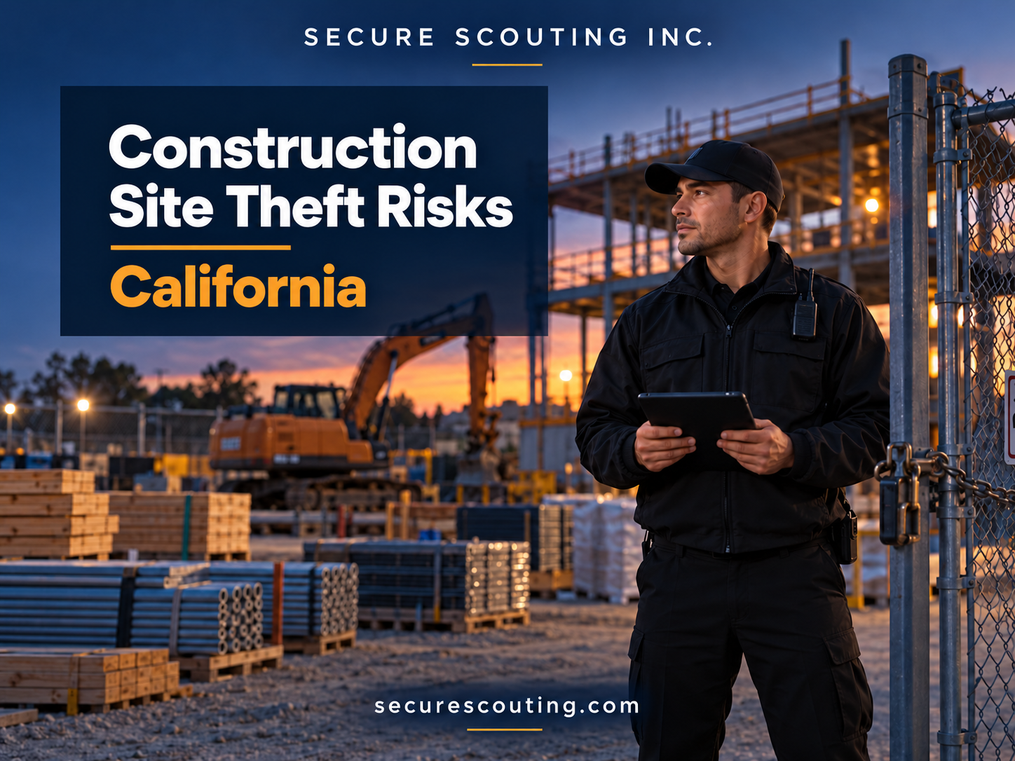 Security officer monitoring equipment and materials at a jobsite, illustrating construction site theft risks in California.