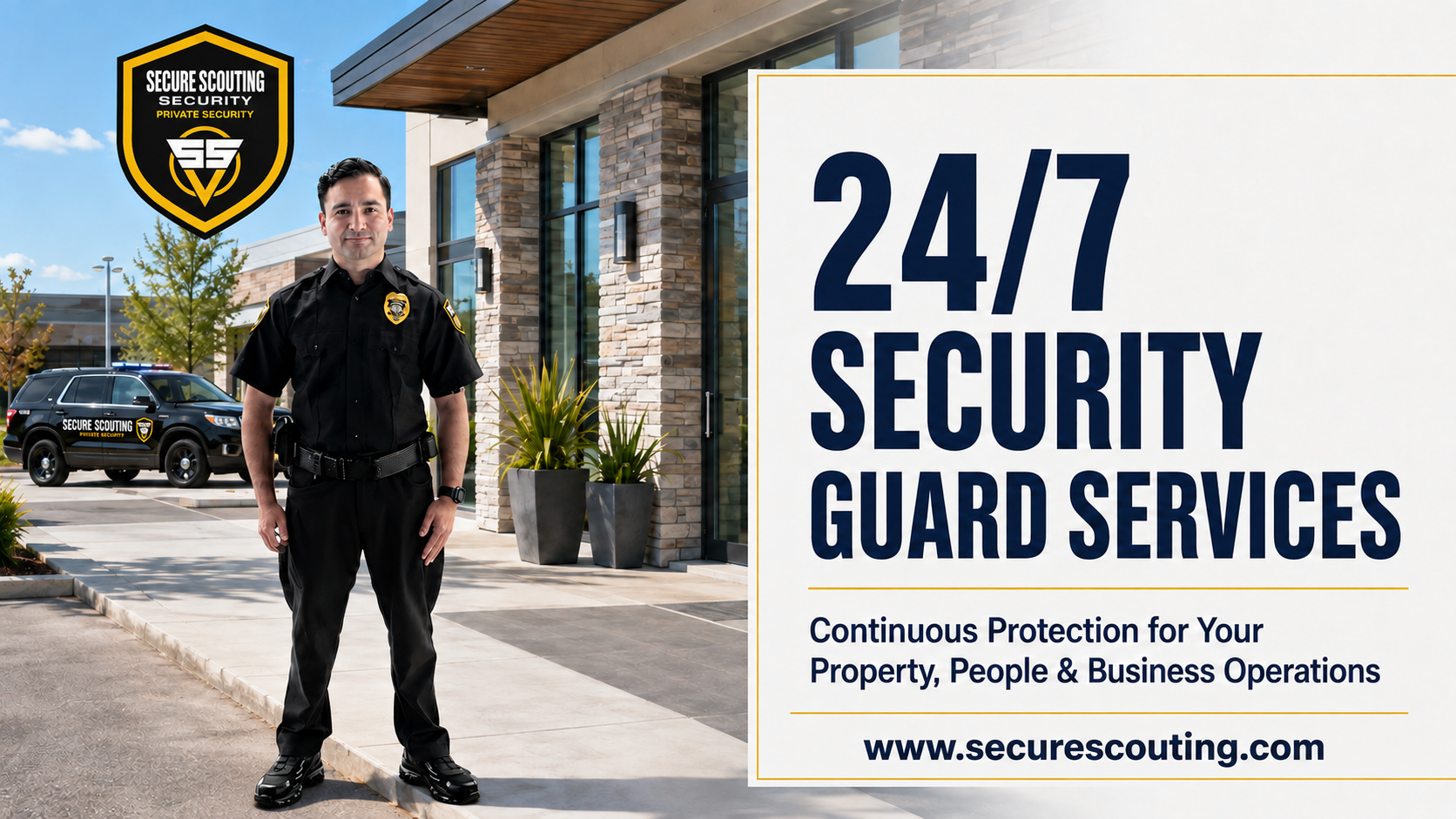 24/7 security guard services officer protecting a commercial property during the day