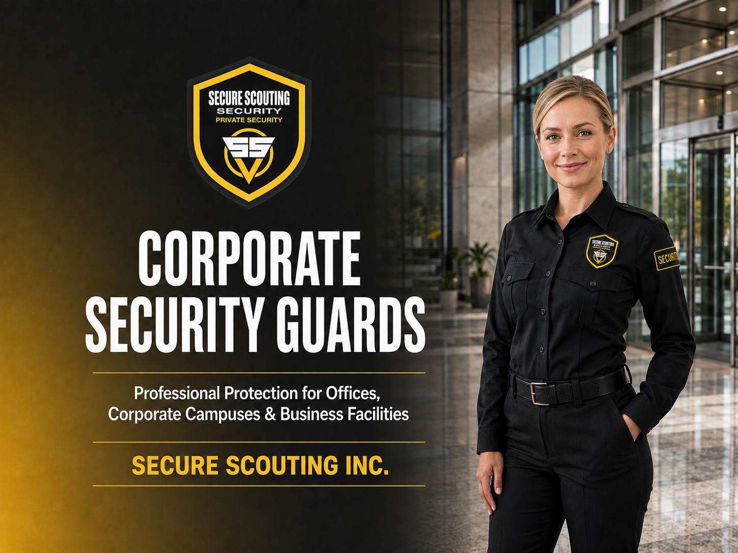 Professional corporate security guard at a modern office building for Secure Scouting Inc.