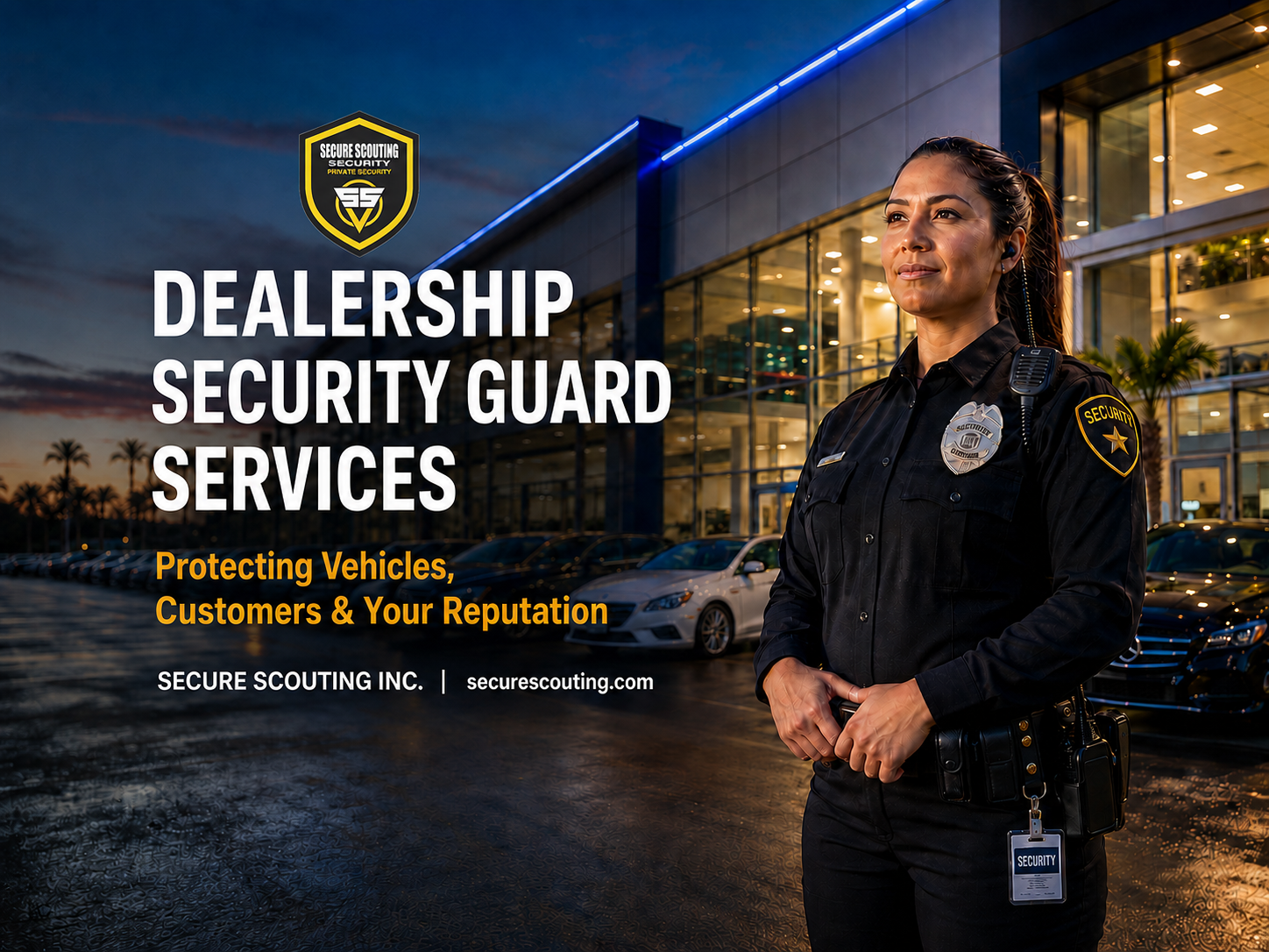 Professional security officer providing dealership security guard services to protect vehicles, customers, and automotive property.