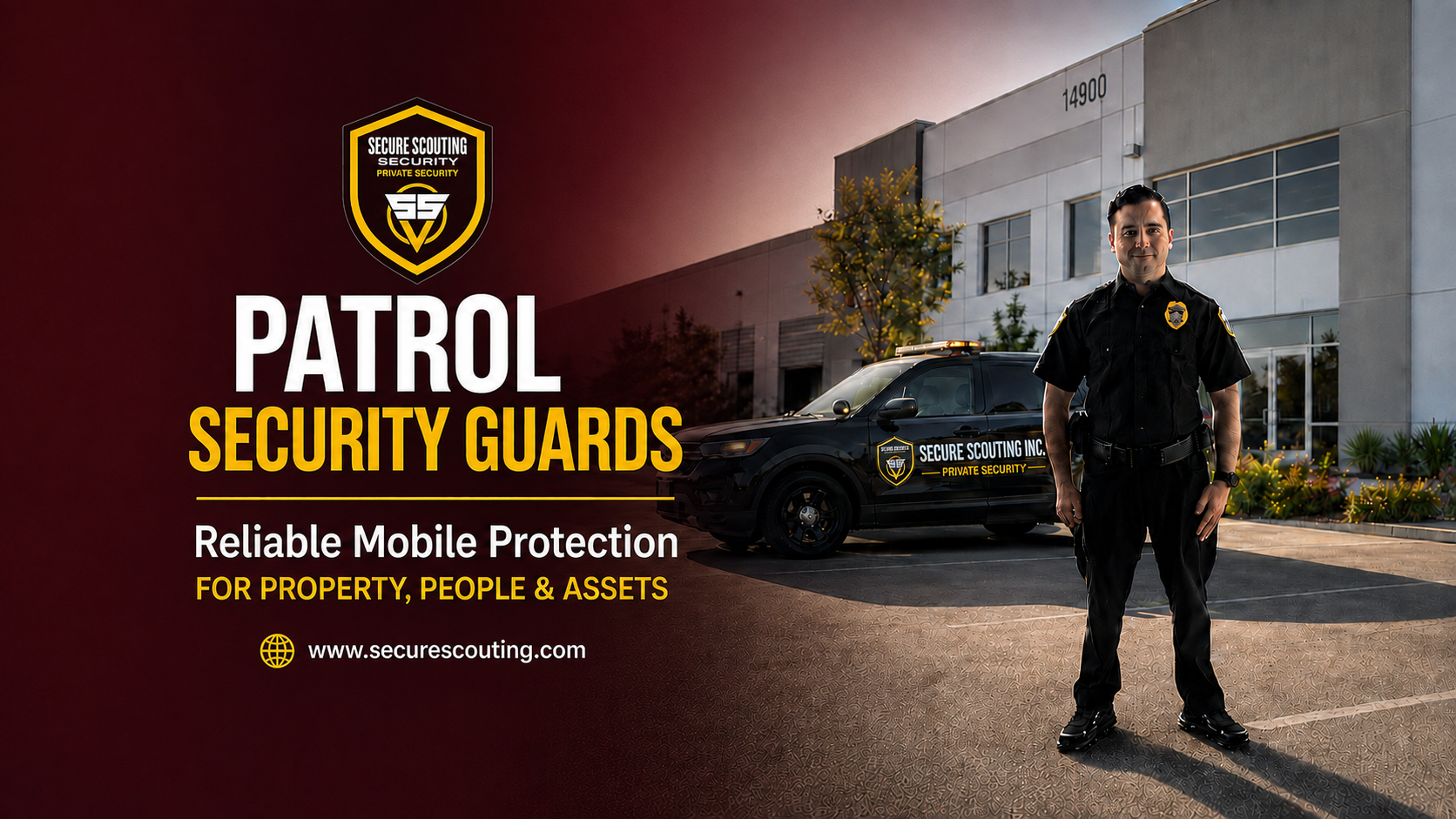 Patrol security guards protecting a commercial property with a mobile patrol vehicle