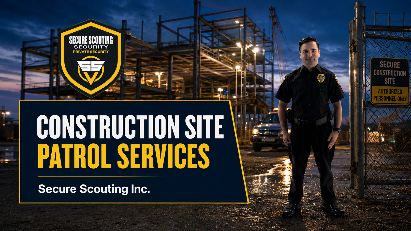 Construction site patrol services by Secure Scouting Inc. with a uniformed security officer at a commercial construction site.
