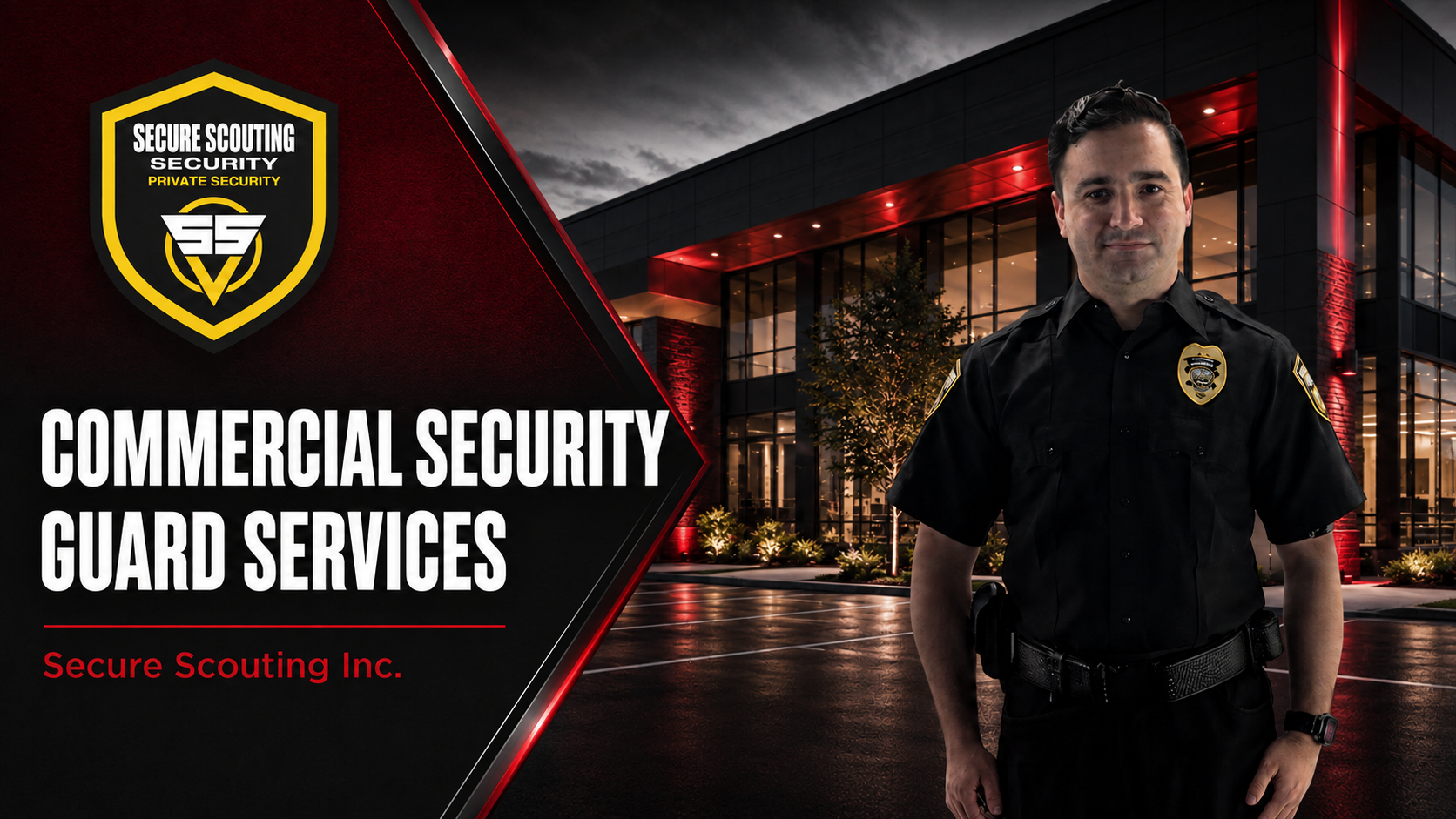 Secure Scouting Inc. security officer providing commercial security guard services at a modern business property