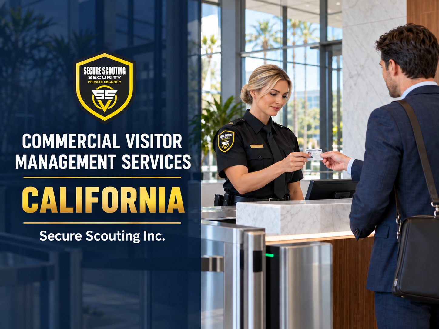 Commercial visitor management services in California with a security officer checking visitor identification at a commercial office entrance.