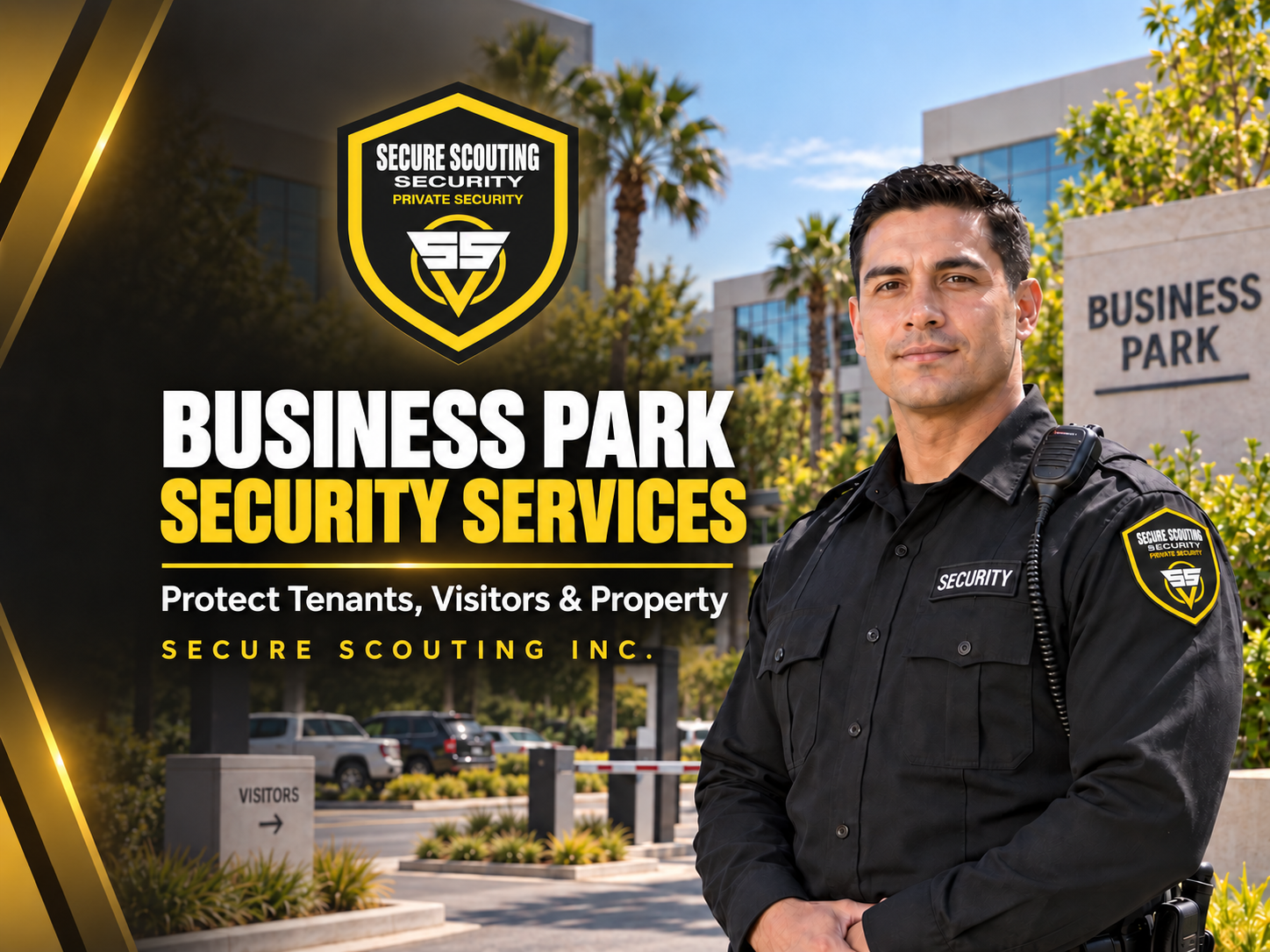 Business Park Security Services officer protecting a commercial property by Secure Scouting Inc.