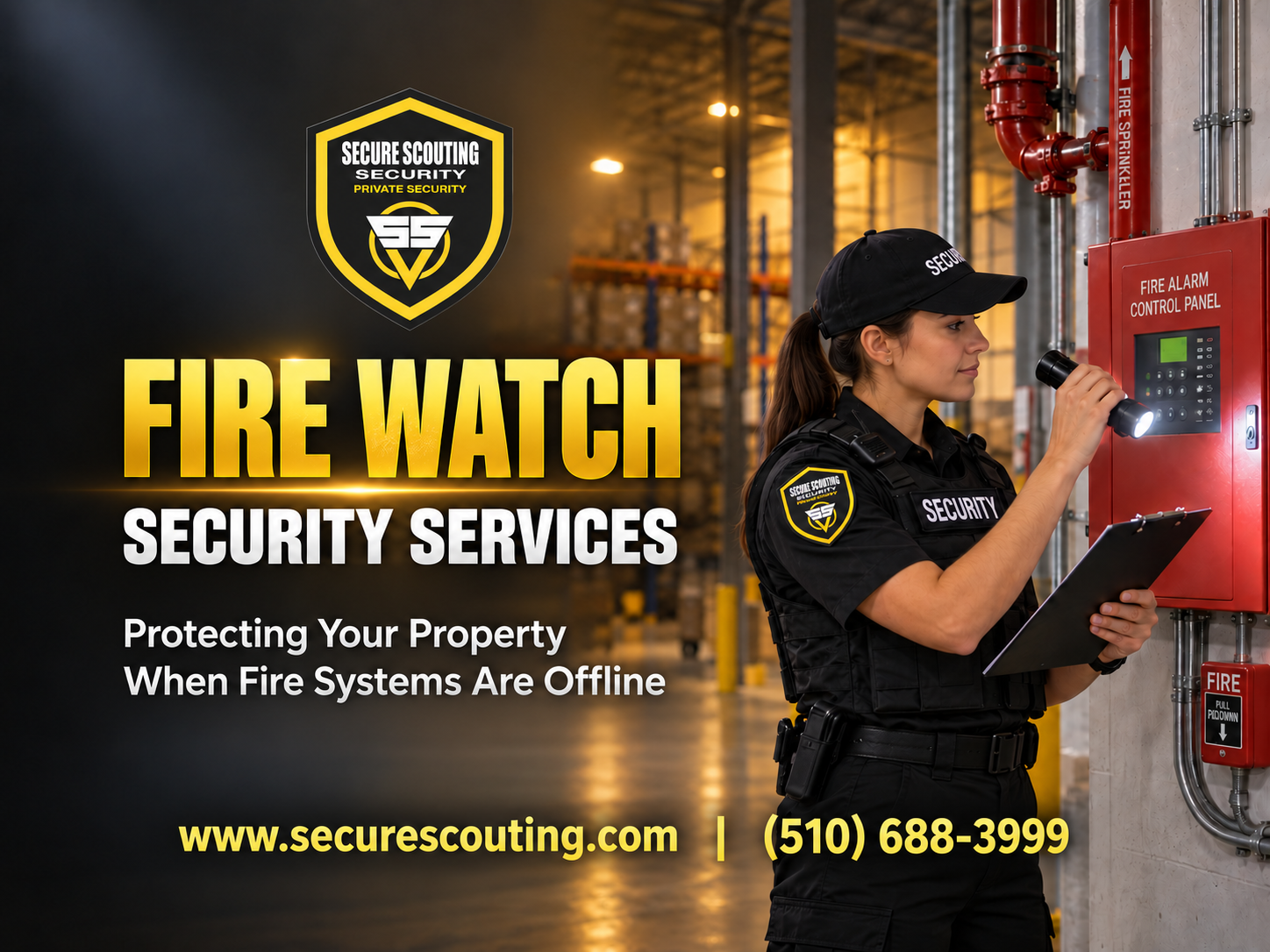 Fire Watch Security Services in California with a Secure Scouting Inc. security officer inspecting a fire alarm control panel at a commercial warehouse.