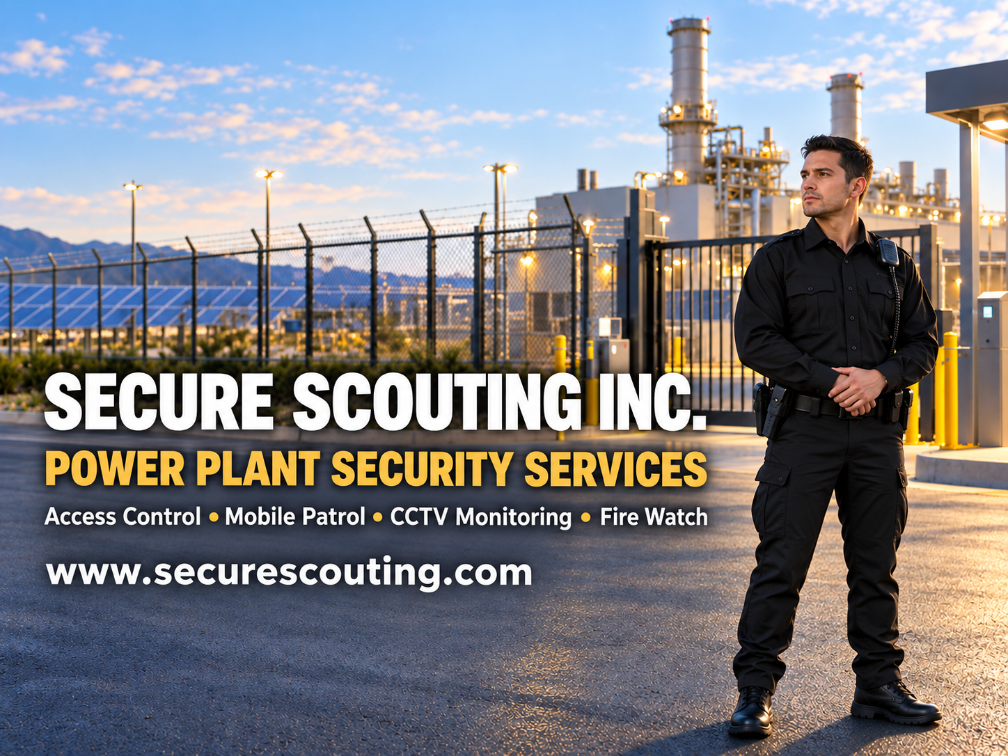 Secure Scouting Inc. power plant security services with a professional officer, access control, mobile patrol, CCTV monitoring, and fire watch at a California energy facility.