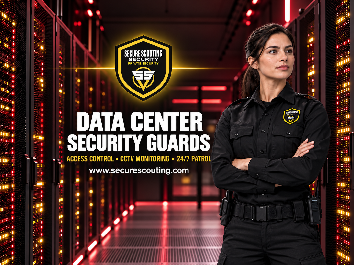 Data Center Security Guards by Secure Scouting Inc. protecting a secure server facility.