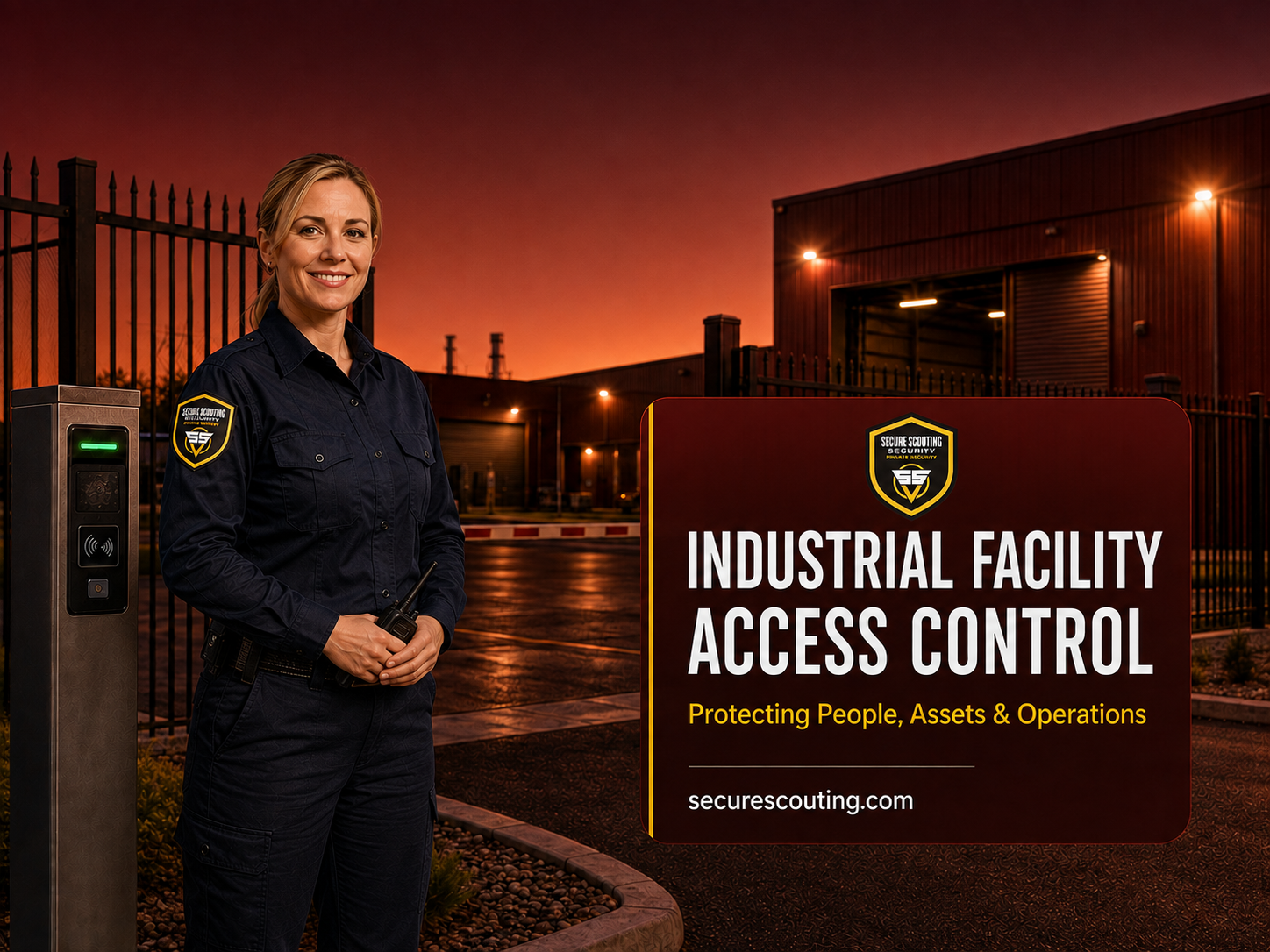 Industrial facility access control security officer at commercial gate