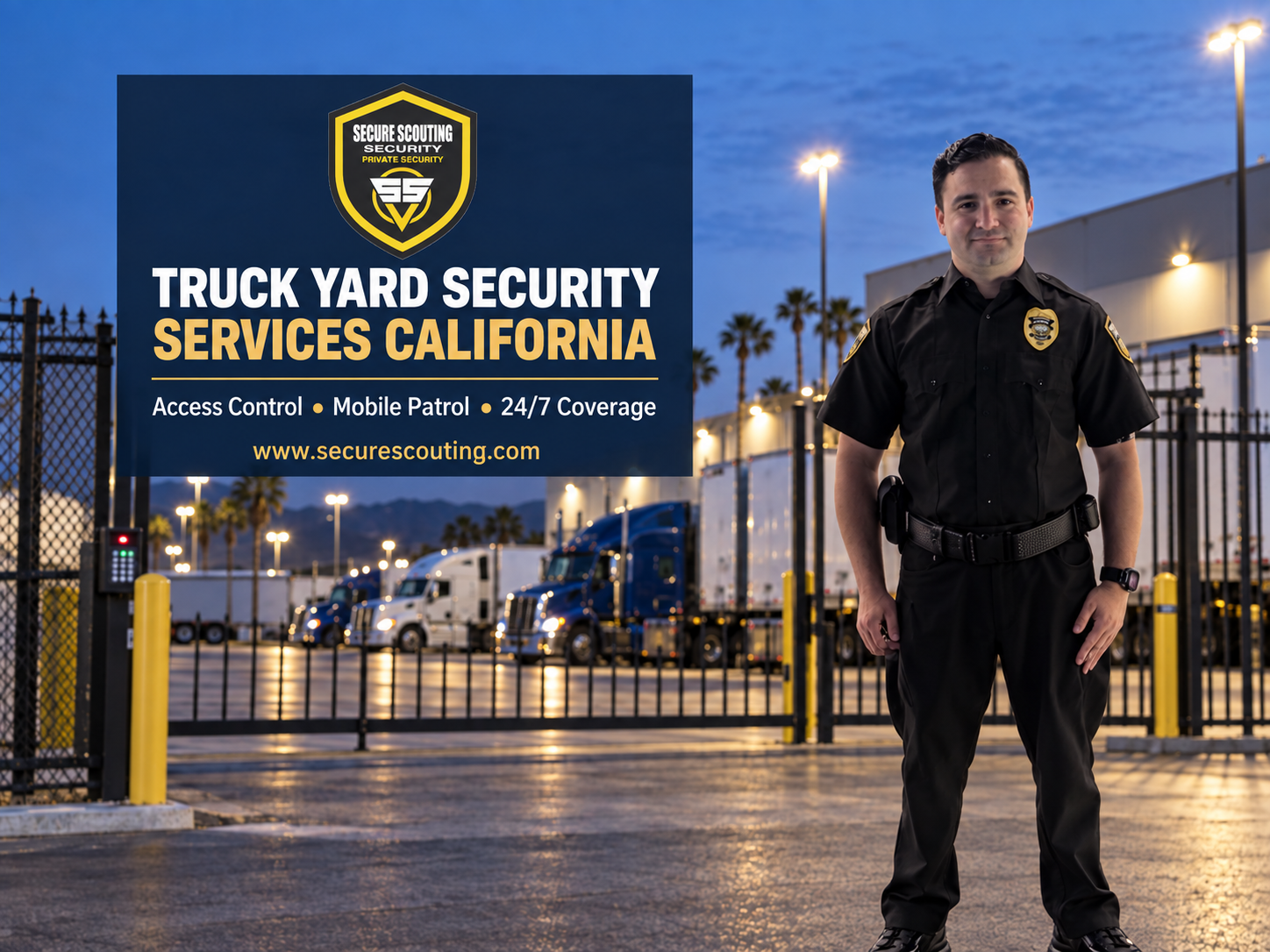 Truck yard security officer providing access control and mobile patrol services in California