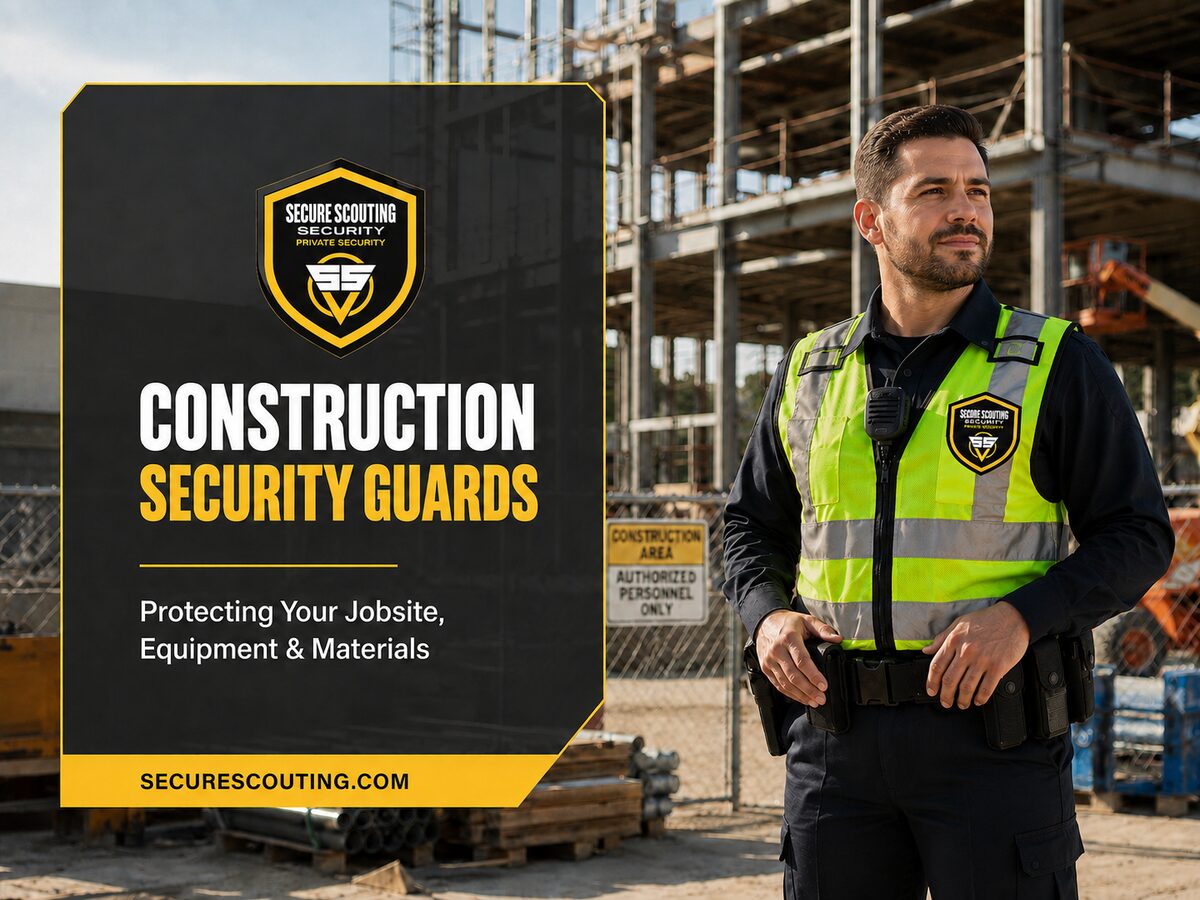 Construction security guards protecting equipment and materials at a commercial jobsite
