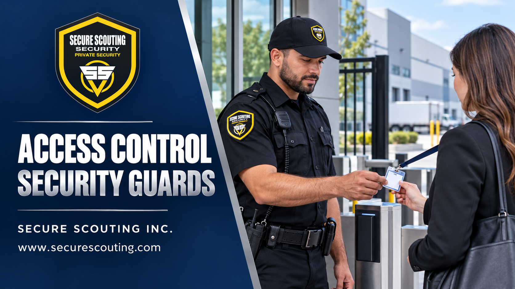 Access control security guard checking a visitor’s identification at a commercial property entrance.