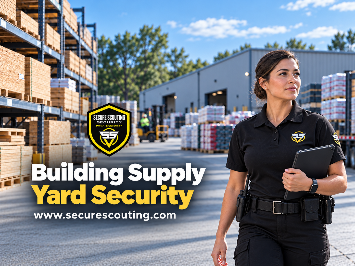 Secure Scouting officer providing building supply yard security services near stored lumber and construction materials.