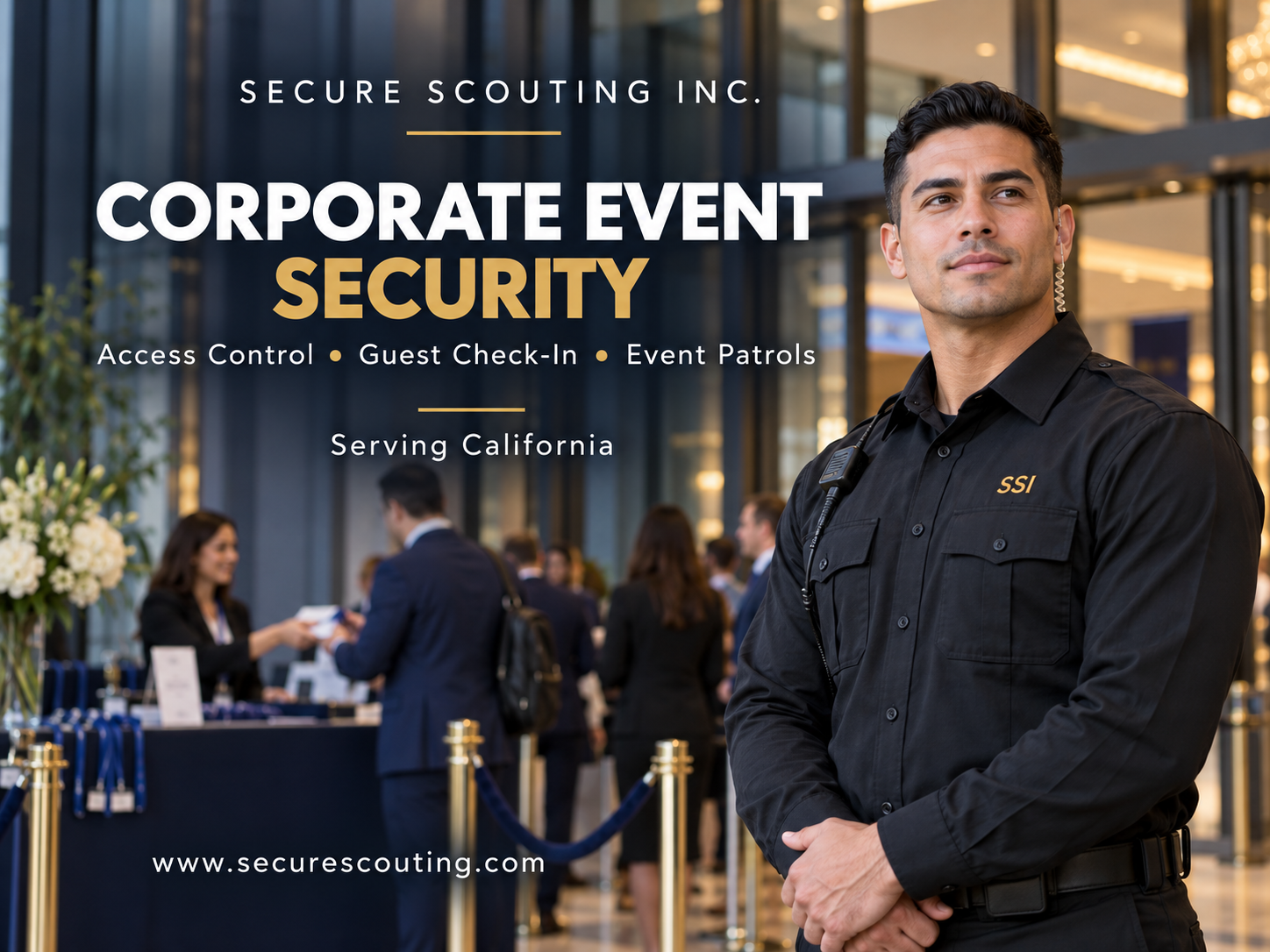 SSI officer providing corporate event security services at a conference venue.