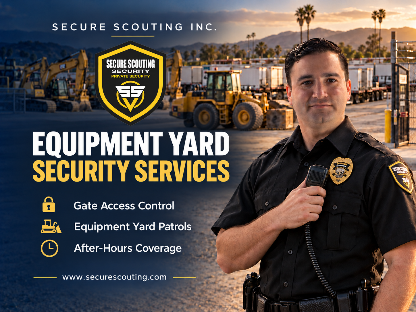 Equipment yard security services officer patrolling a commercial machinery storage yard