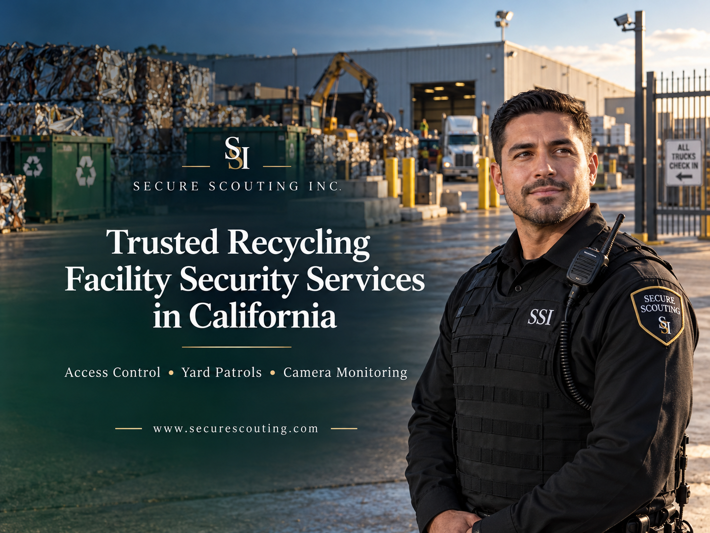 SSI security officer at a California recycling facility with scrap metal storage and a gated entrance.