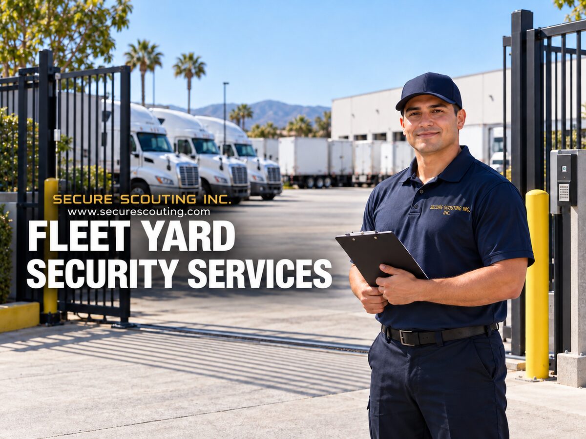 Fleet yard security officer at a controlled commercial truck yard in California, providing vehicle access control and perimeter protection for Secure Scouting Inc.